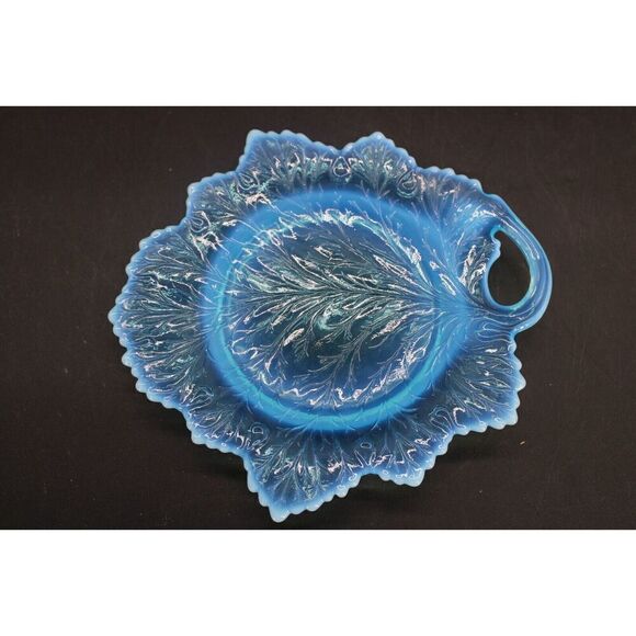 vintage Fenton Art Opalescent Glass Blue Plate 8" Leaf - Picture 2 of 6